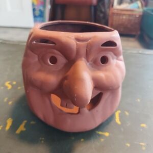 Vintage Terracotta Halloween Witch Pumpkin Jack O Lantern Candle Holder 5in